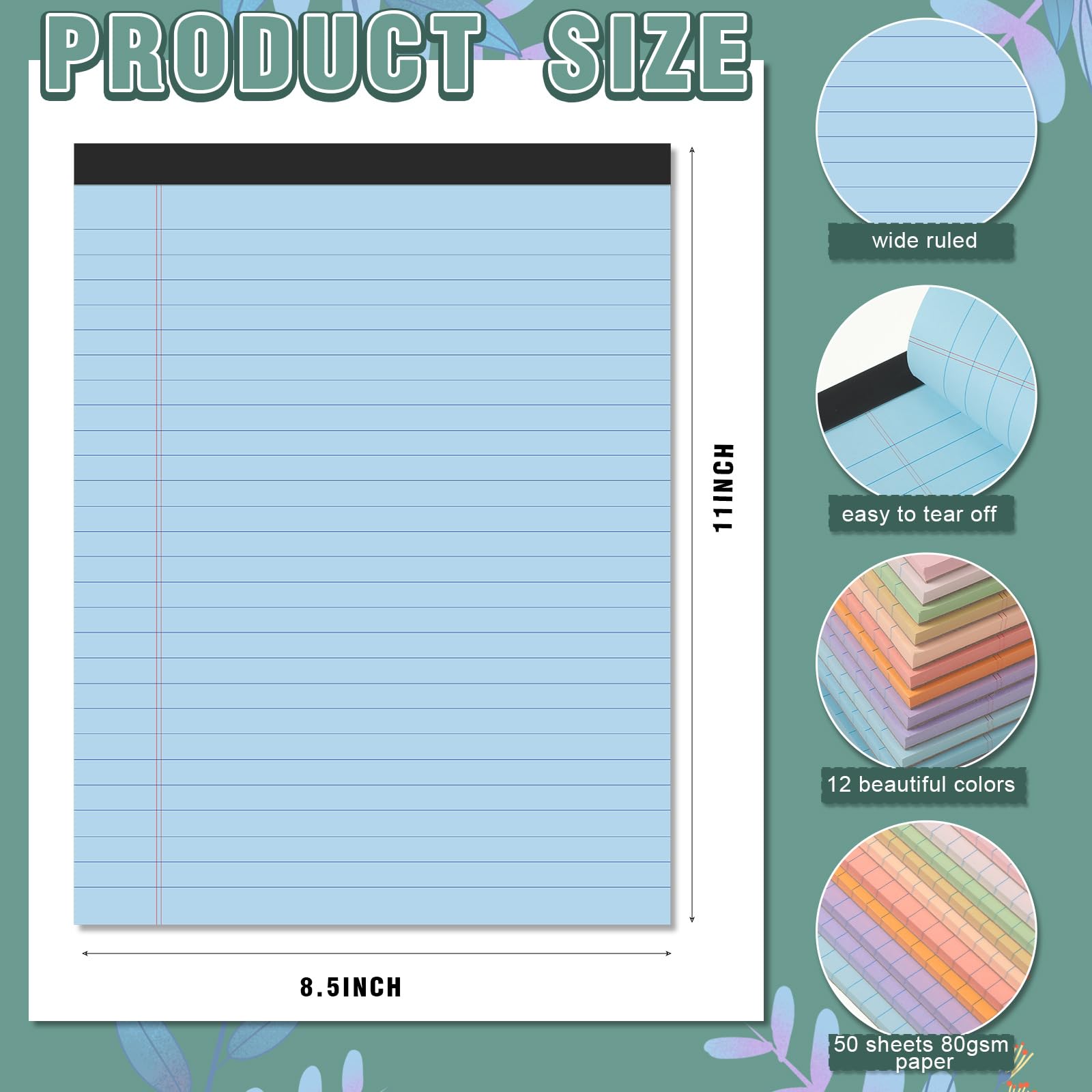 Lincia 12 blocchi per appunti colorati legali, 21 x 28 cm di larghezza, a righe, 50 fogli per blocco note, blocco micro perforato, per scuola, università, ufficio, affari