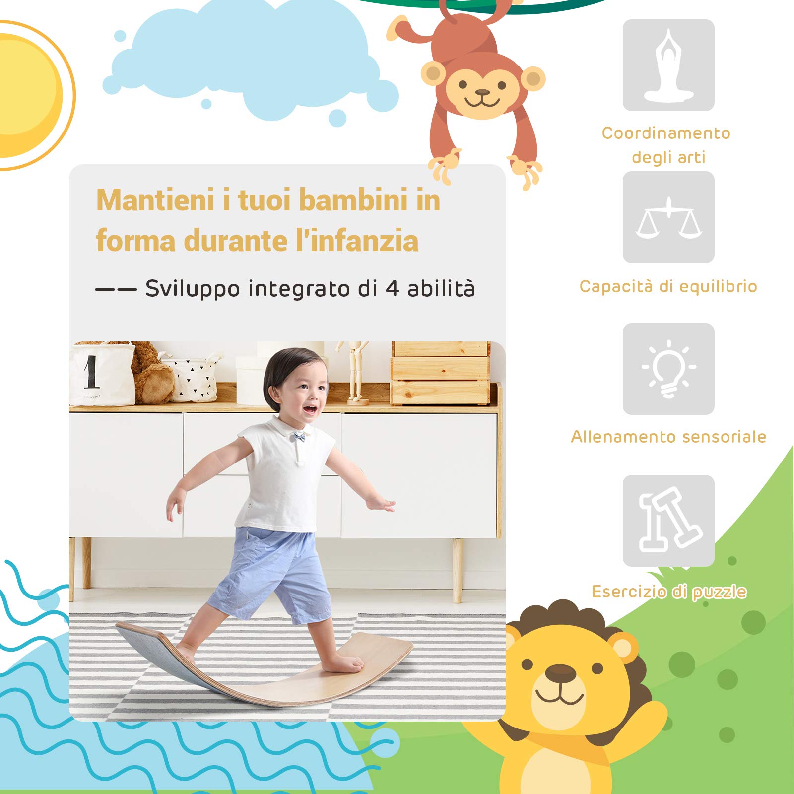 GYMAX Tavola di Equilibrio, Balance Board in Betulla, Angoli Lisci e Arrotondati, per Adulti e Bambini (38cm)