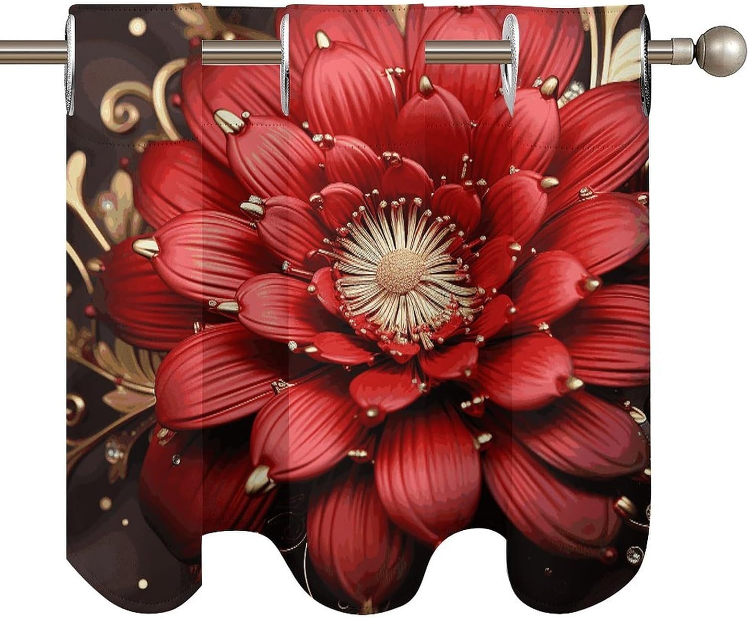 Red Gold Flower 2 Pack Valance Curtains Window Treatments. Adjustable Curtain with Rod Pocket.Cafe Curtains is Half Curtains for Privacy Decorative 52x18.1 Inch.