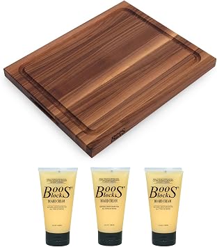 John Boos Reversible Walnut Wood BBQ Cutting Board w/Juice Groove, 17" x 21" x 1 1/2" Bundled with 5-Ounce Boos Block Maintenance Cream 3 Pack