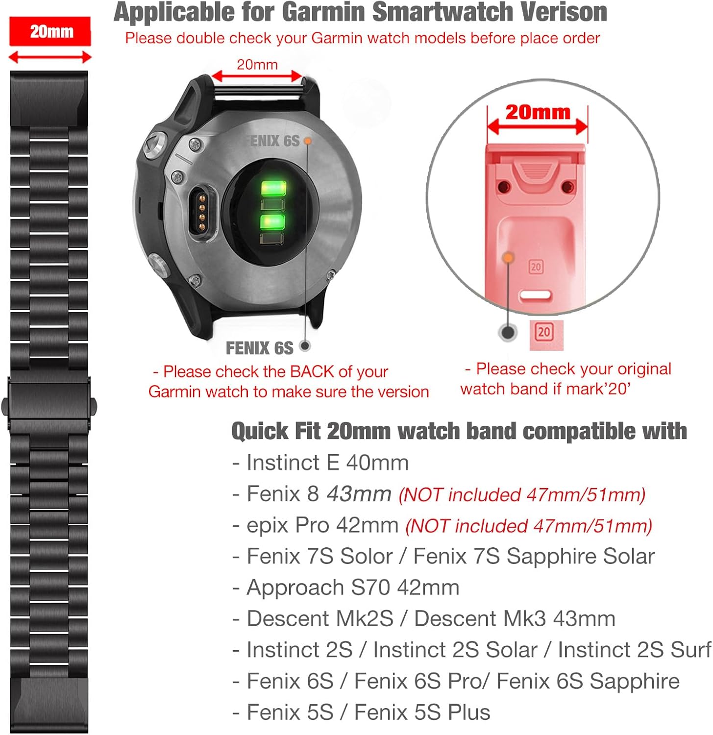 Abanen Stainless Steel Watch Bands for Garmin epix Pro 42mm / Fenix 8 43mm / Fenix 7S / 6S /5S, 20mm Quick Fit Metal Adjustable Replacement Wristband Strap for Garmin Descent MK2S / Instinct 2S