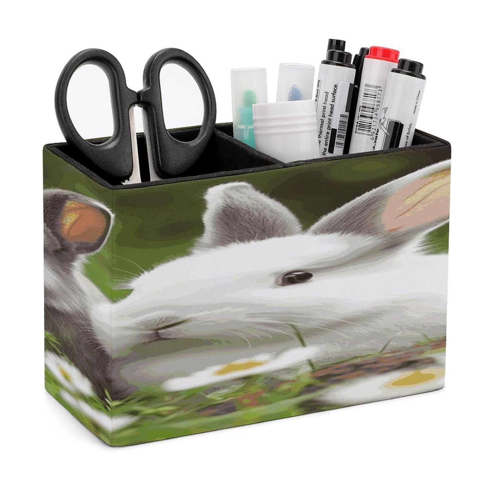 LDGSUPH Two Little Cute Rabbits Leather Pen Holder for Desk Organizer Caddy Large Pencil Cup Multi-function Pencil Holder Makeup Brush Holders Pen Organizer for Home Office Storage Box