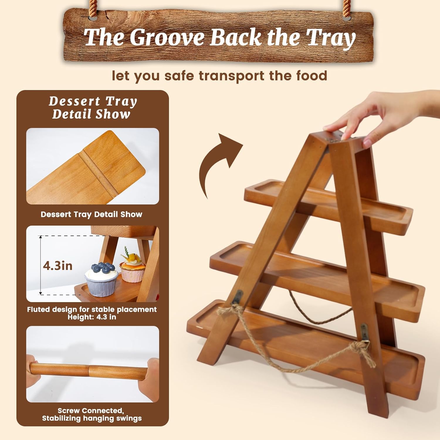 Rustic 3-Tier Cupcake Stand - Wooden Desserts Stand for Cakes,Pastries &Fruits - Removable Trays& Foldable Design-Perfect for Parties Home Events and Weddings-Ideal Gift For Party Enthusiasts