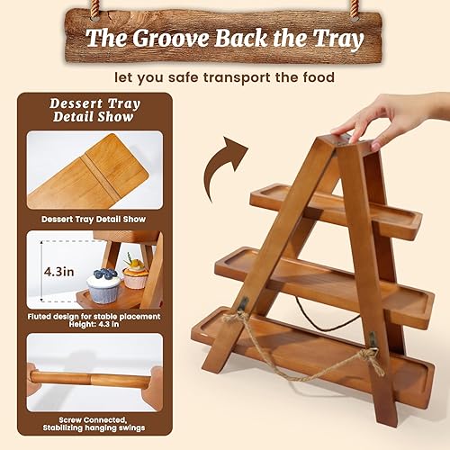 Miniatura 17 de Soporte para cupcakes de 3 niveles, soporte de exhibición de madera para postres, frutas, frutos secos, queso, bandejas extraíbles y soporte