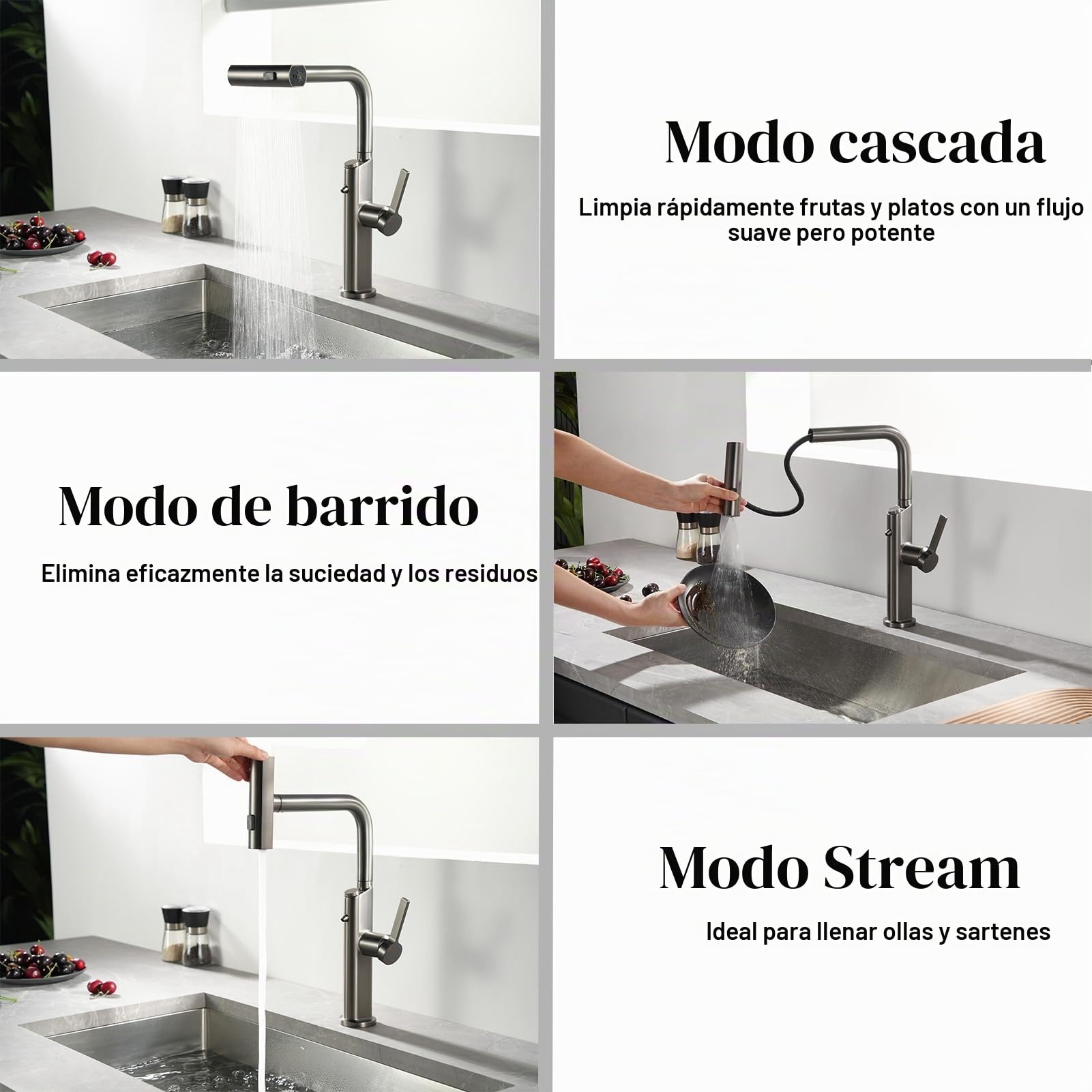 Grifo de Cocina 3 Vías con Ducha Extraíble, Grifo de Agua Potable para Sistemas di Ósmosis o Filtro de Agua, Monomando 4 Modos Grifo de Fregadero de Cocina con Dos Salidas (Negro)