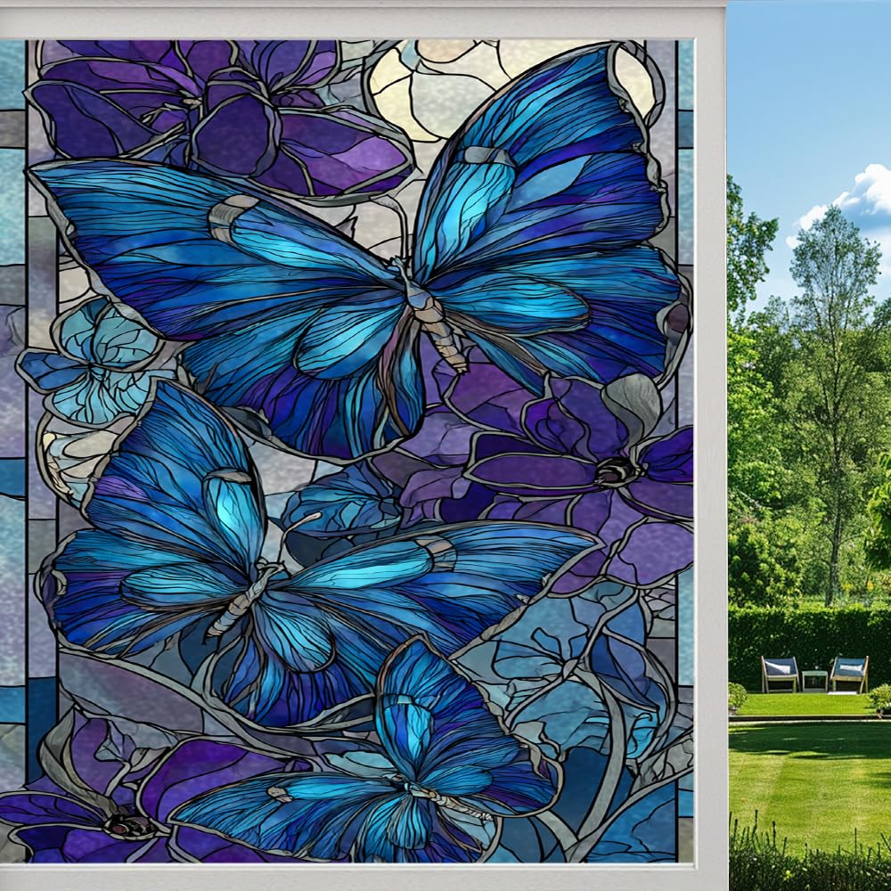 Pmlbaous Abstract Butterfly Frosted Window Film, Colorful Flowers Natural Plants Stained Glass Privacy Film, Heat Insulation Self-Adhesive Vinyl For Bathroom Office, （80X140cm）