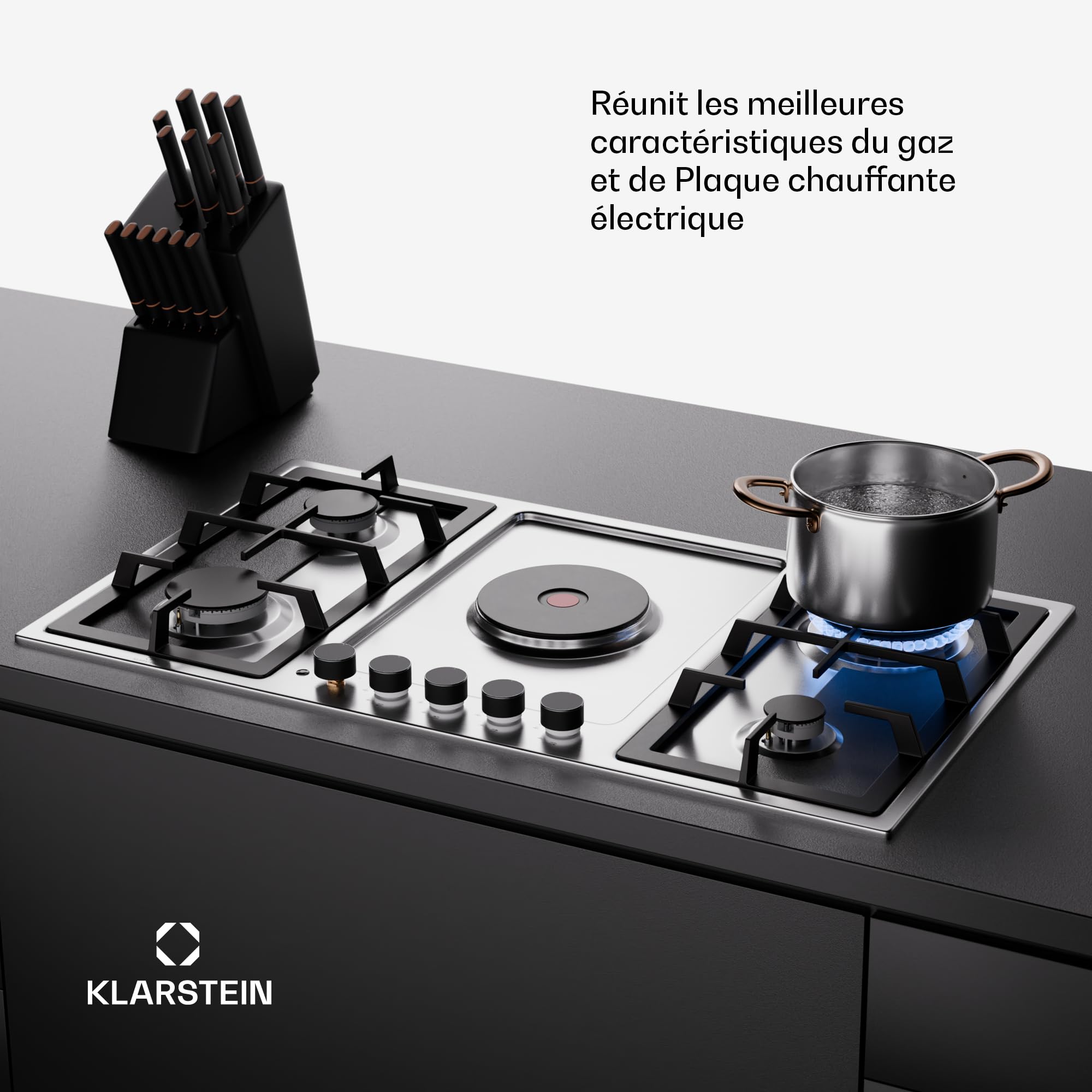 Klarstein MultiChef 5 Plaque De Cuisson Gaz Et Électrique, 4 Brûleurs Gaz & 1 Électrique, 10.1Kw, Acier Inoxydable, Allumage & Arrêt Automatique, Sécurité Enfants, Compacte 87X8X50Cm
