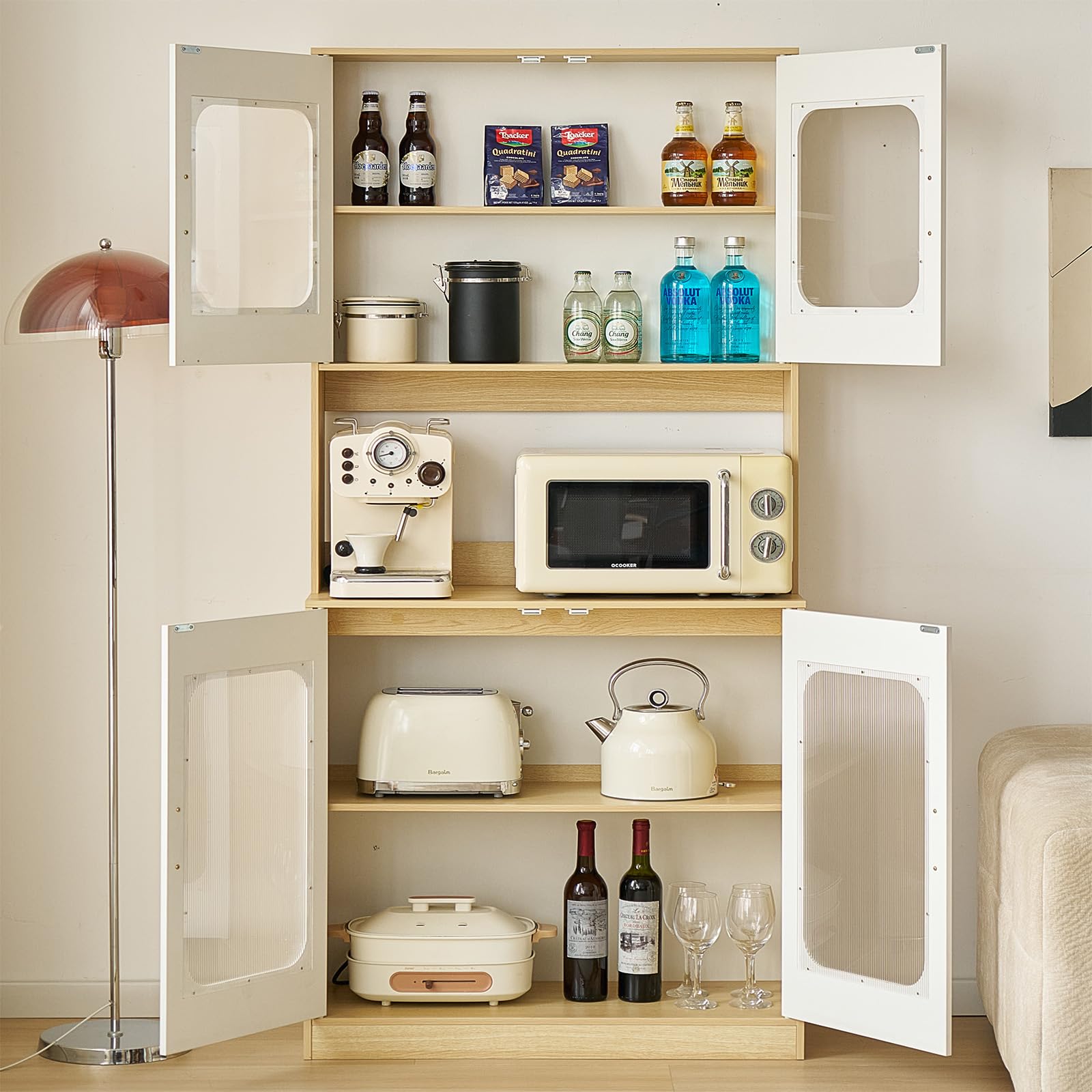 SHARPDO Buffet Cuisine Haut 180 cm, Meuble de Rangement Cuisine Blanc et Bois, Armoire de Cuisine avec Porte Transparente, Plateau pour Micro-Ondes, Placard Fermé