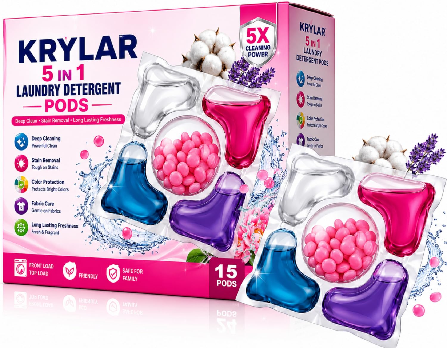 laundry detergent pods 15 pods pack 5-in-1 ultra concentrated washing machine capsules for deep clean, tough stain remover, fabric soft care, color guard, for front load & top load machines