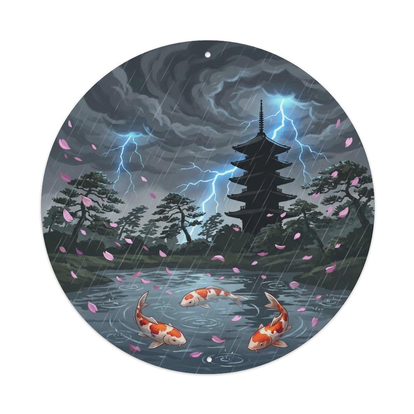 Olyhtr 8X8inch Classic Style Thunder Storm Koi Pond Vintage Landscape Dramatic Sky Metal Tin Sign