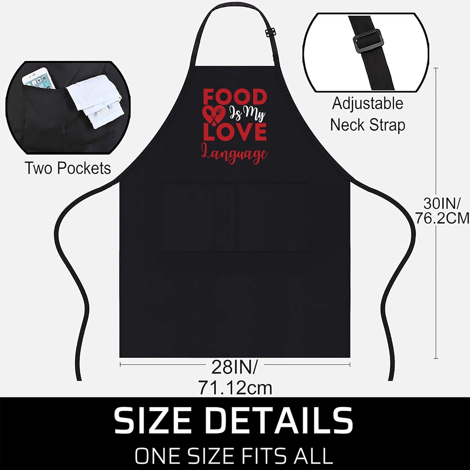 Miniatura 4 de Food Is My Love Language Foodie Chef Food Lover Blogger Delantales negros 1 tamaño para todos los hombres y mujeres Delantal de cocina, Negro -