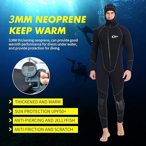 Miniatura 7 de Traje de neopreno completo de 0.197 in y 0.118 in para hombre, traje de buceo con cremallera frontal, sudadera con capucha para esnórquel, surf,