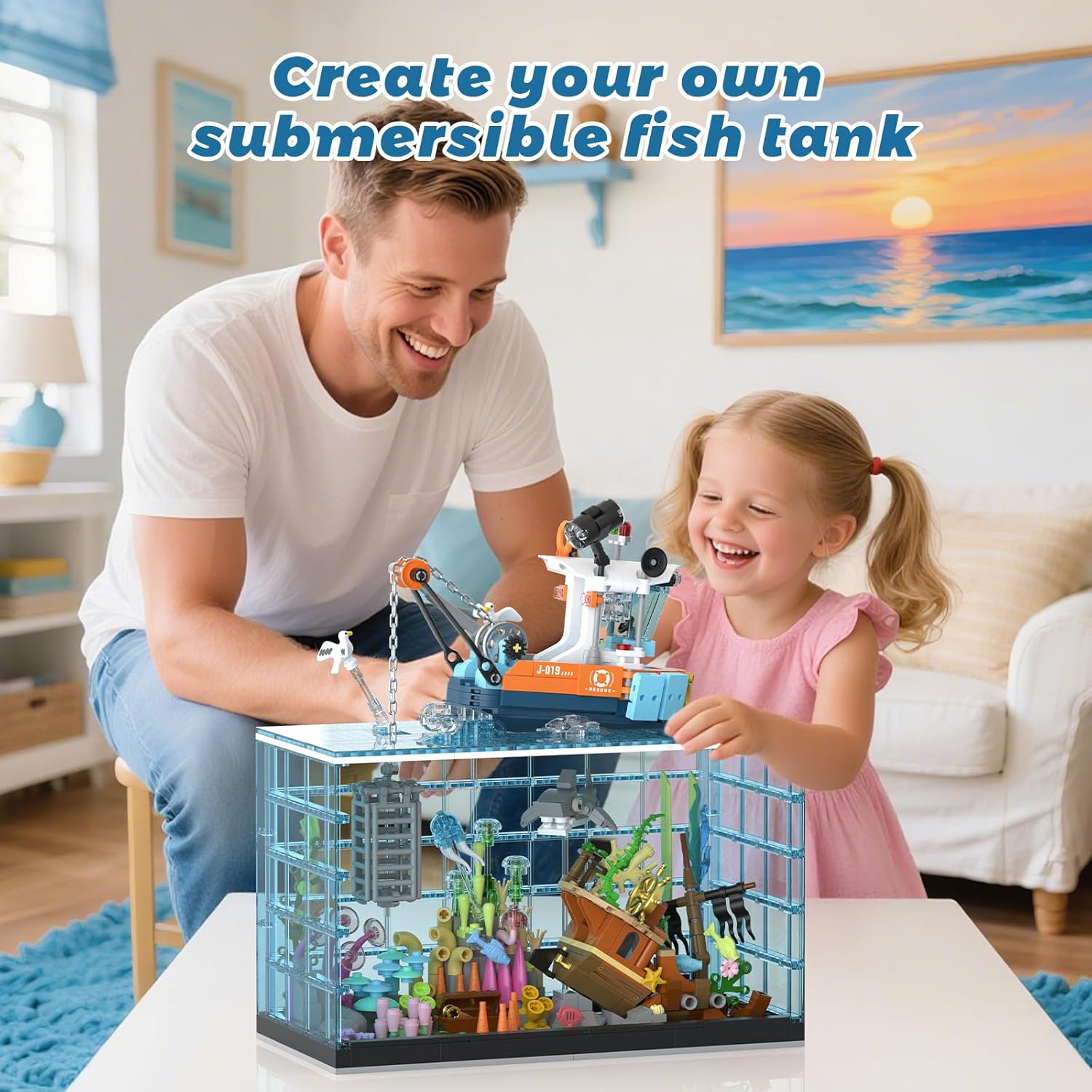 Fish Tank Building Blocks Set, Aquarium Building Set with LED Lights, Including Ocean Shark, Jellyfish, Fishing Boat, STEM Gift for Kids Boys Girls Age 8-12+ and Adults(830PCS)