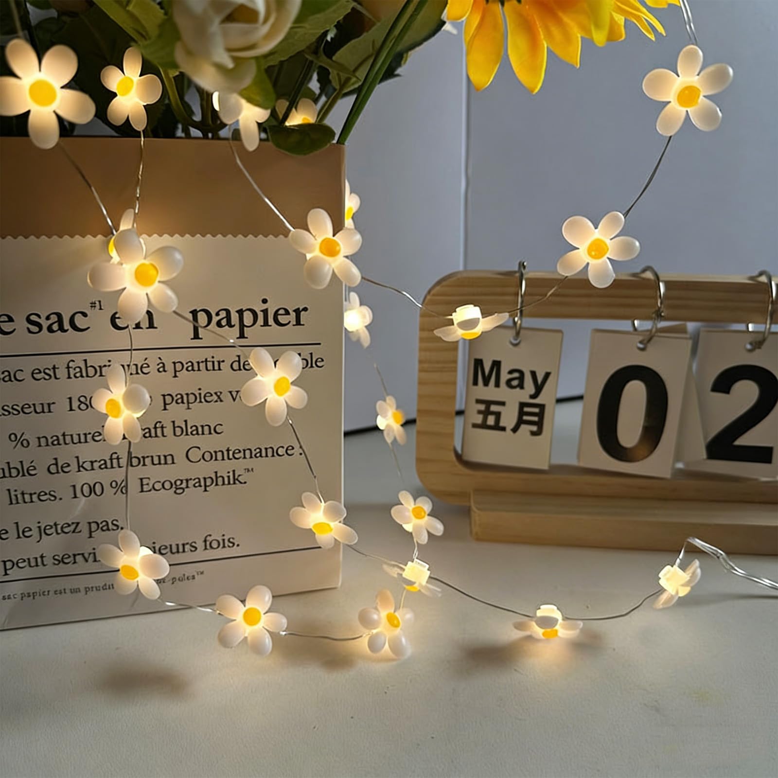 Guirnalda de Luces Artificiales,20 LED Guirnaldas de Luces 2M,Guirnalda de Luces de Margaritas,Cadena de Luz de Hadas,para Interiores,Bodas,Cumpleaños,San Valentín