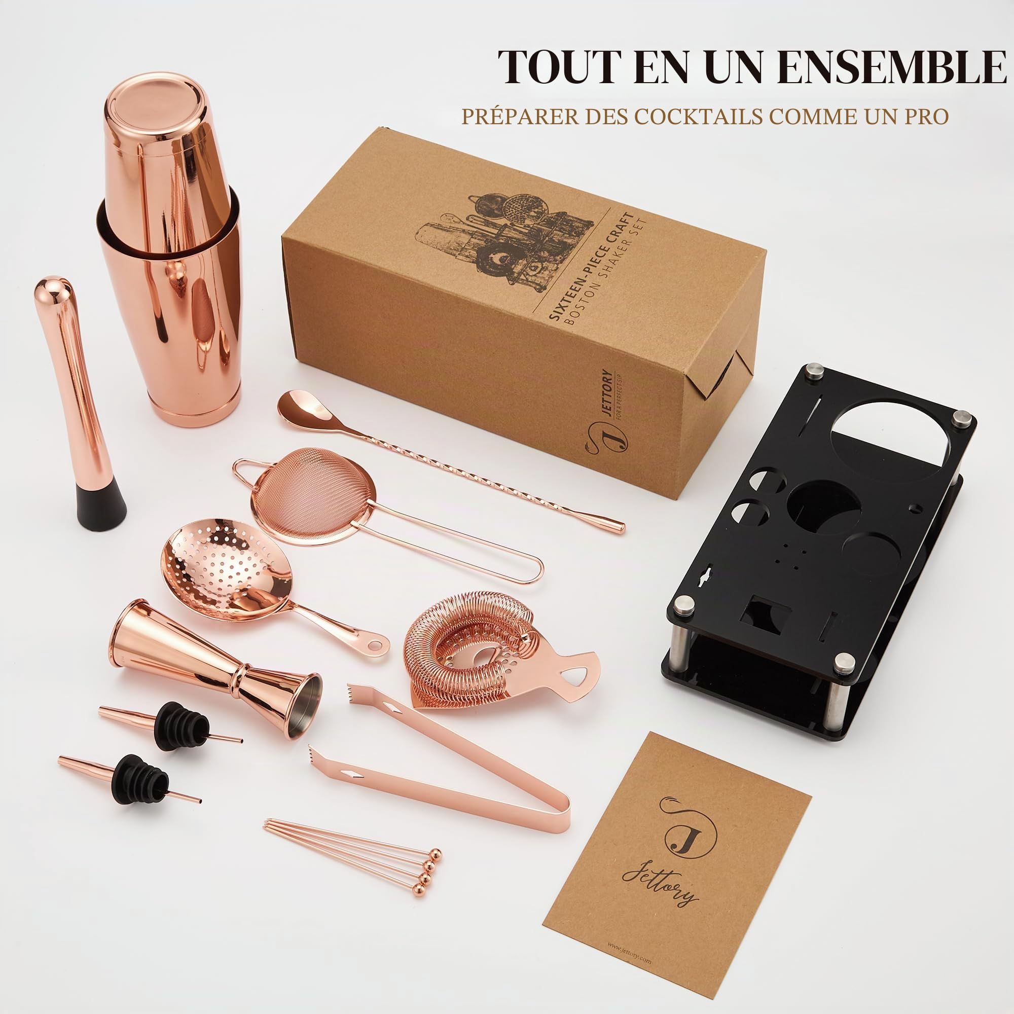 Set Shaker Boston 16 Pièces - Kit Barman en Acier Inoxydable 304 avec Support Acrylique, Passoire, Cuillère, Jigger, Pilon, Pince à Glace, Verseurs et Picks à Cocktail (Or Rose)