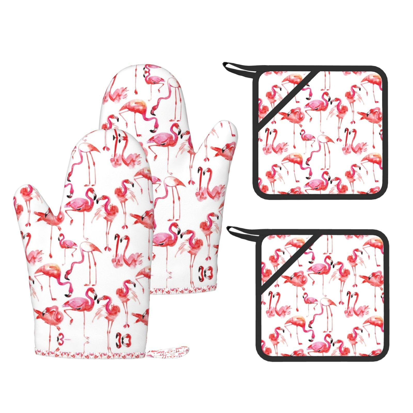 Flamingos Printed Pot Holders and Oven Mitts 4-Piece, Non-Slip Kitchen Gloves with Utensil Pocket for BBQ