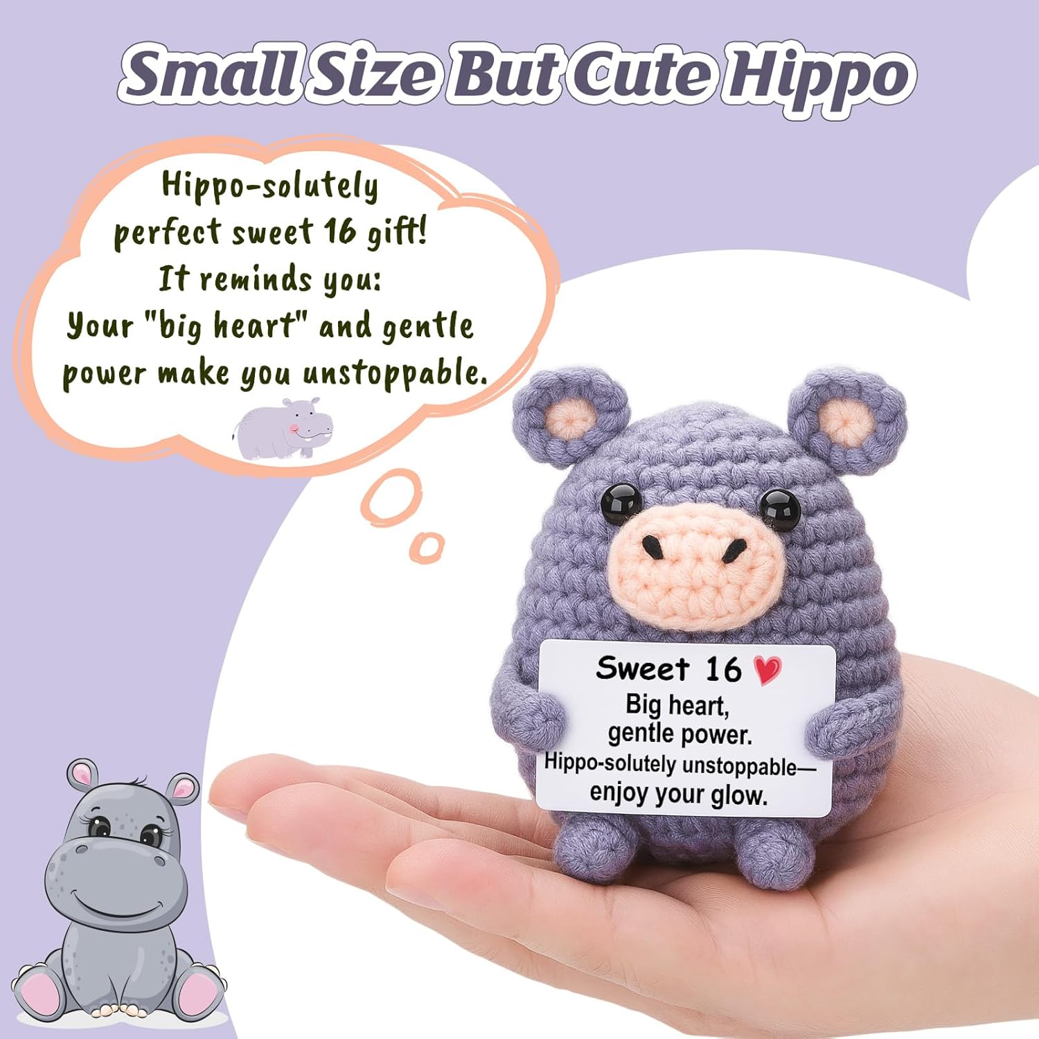 Gift for 16 Year Old Teens — Gray Crochet Hippo/Hippopotamus 4" Handmade Amigurumi Plush, with “Sweet 16 Big Heart, Gentle Power. Hippo...”, Small Stuffed Animal Desk Decor - Image 2