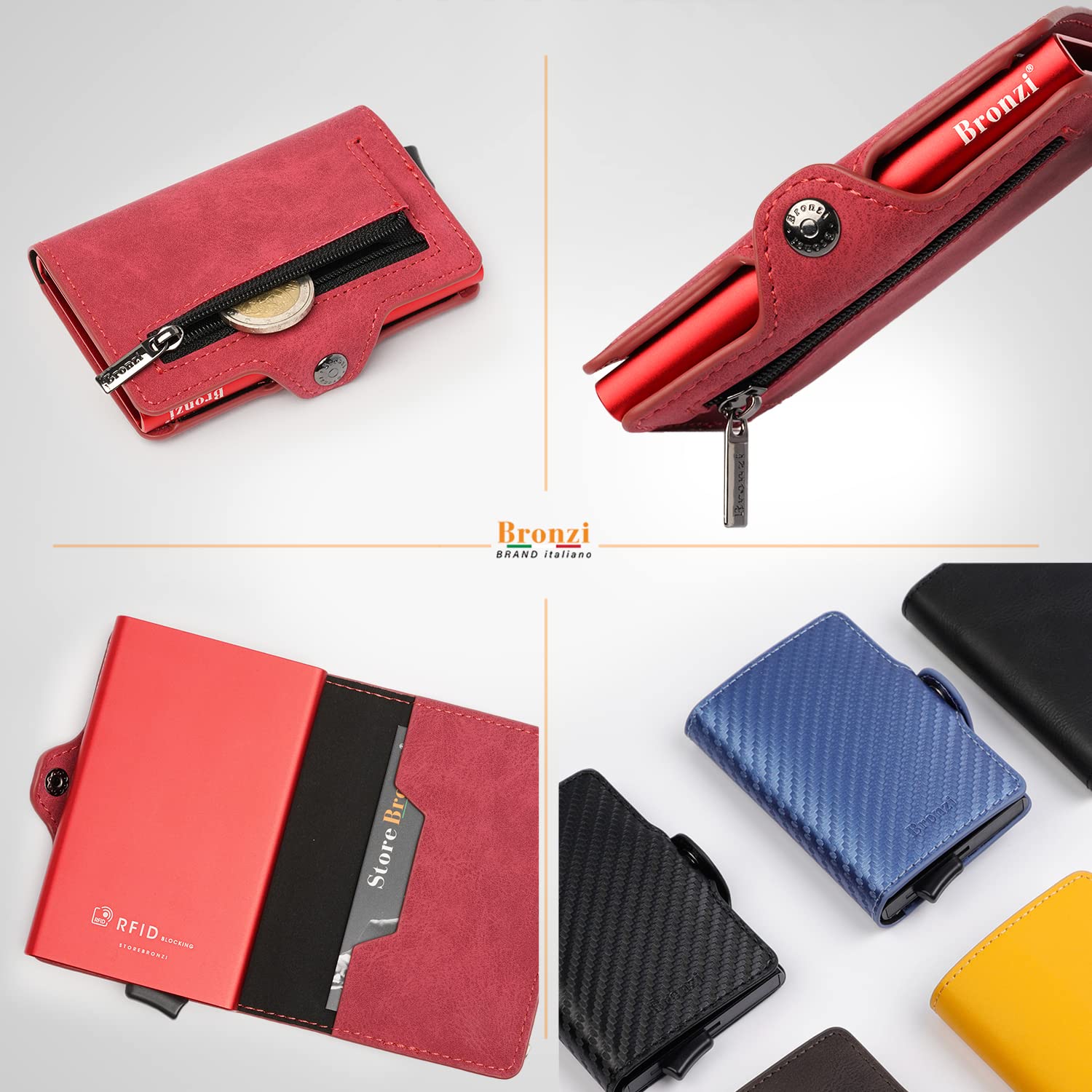 Bronzi Nuovo Portafoglio Porta Carte Credito - Portafoglio Uomo Slim Portacarte uomo - Mini Porta Tessere - Protezione RFID Portatessere Pelle (Rosso)