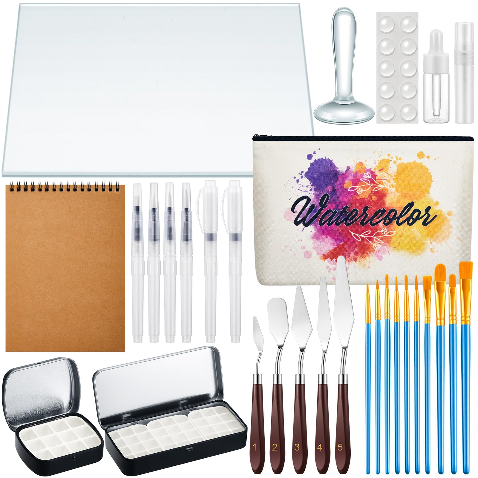Domensi Watercolor Paint Muller Set with Professional Glass Muller Watercolor Slab Painting Knives Painting Brushes Palette Tin Cases for DIY Oil Acrylic Paint