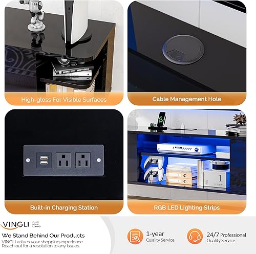 Miniatura 8 de VINGLI Soporte de TV flotante negro de 63 pulgadas con luces RGB, centro de entretenimiento montado en la pared con almacenamiento, consola