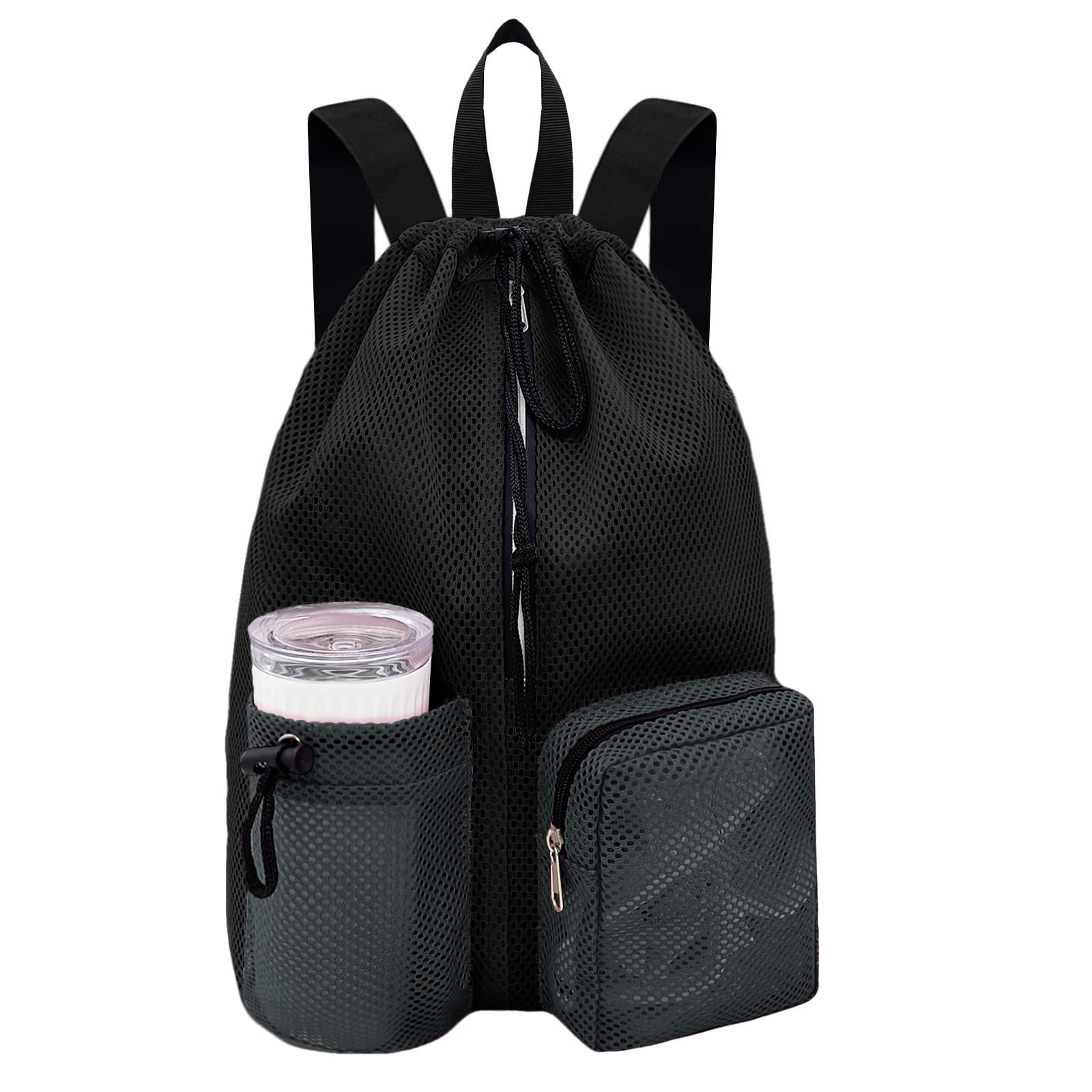 Swim Bag Mesh Beach Drawstring Backpack Wet Pocket 