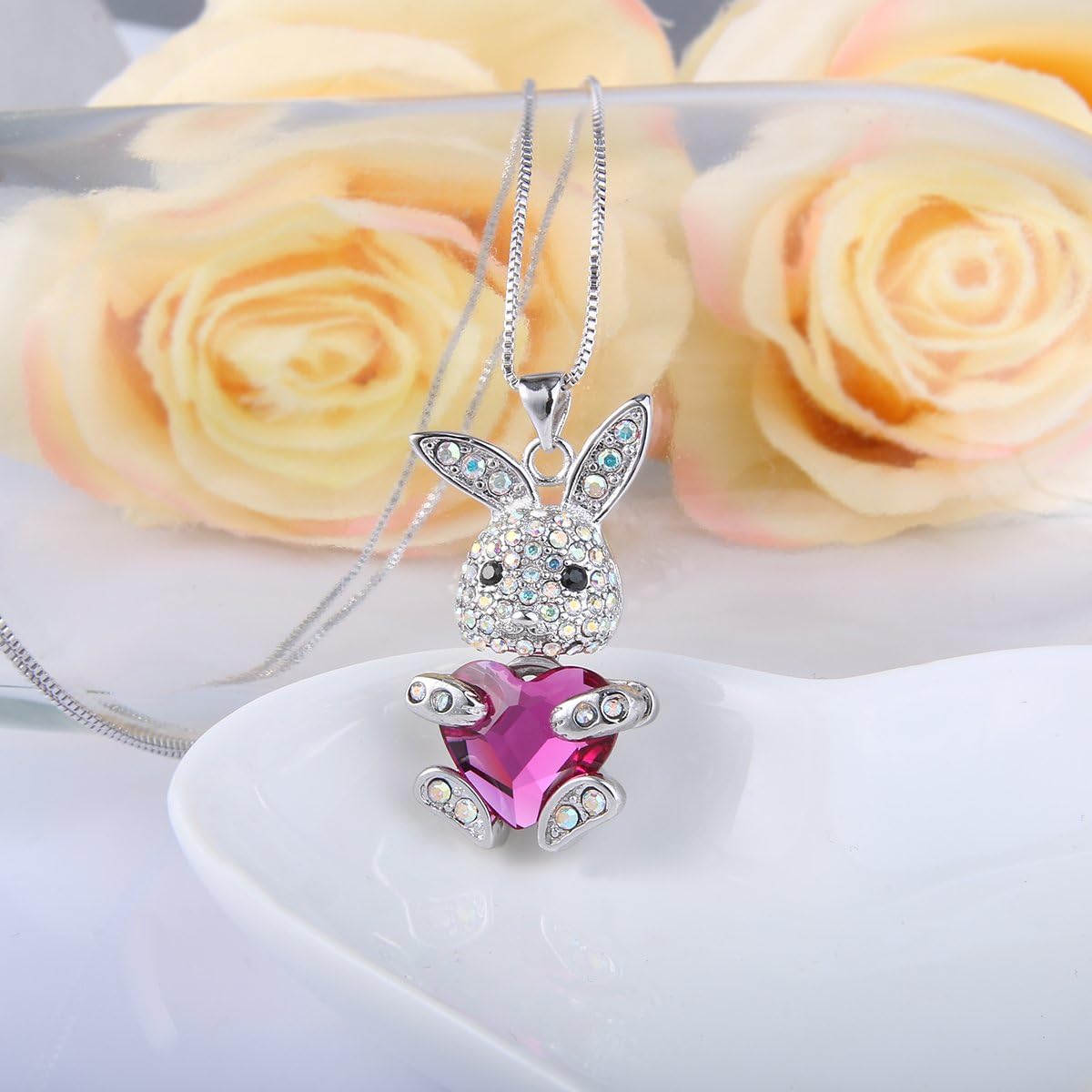 EleQueen Women's Silver-tone Bunny Heart Pendant Necklace Adorned with Austrian Crystals - Image 3