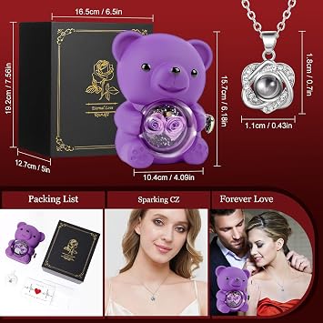 Rose Bear Teddy with Necklace Gift Box for Girlfriend, Cute Forever Flower Bear Preserved Rose Romantic Gift for Her, Valentines Bear Eternal Rose Flower Bear Anniversary Decoration for Woman, Purple