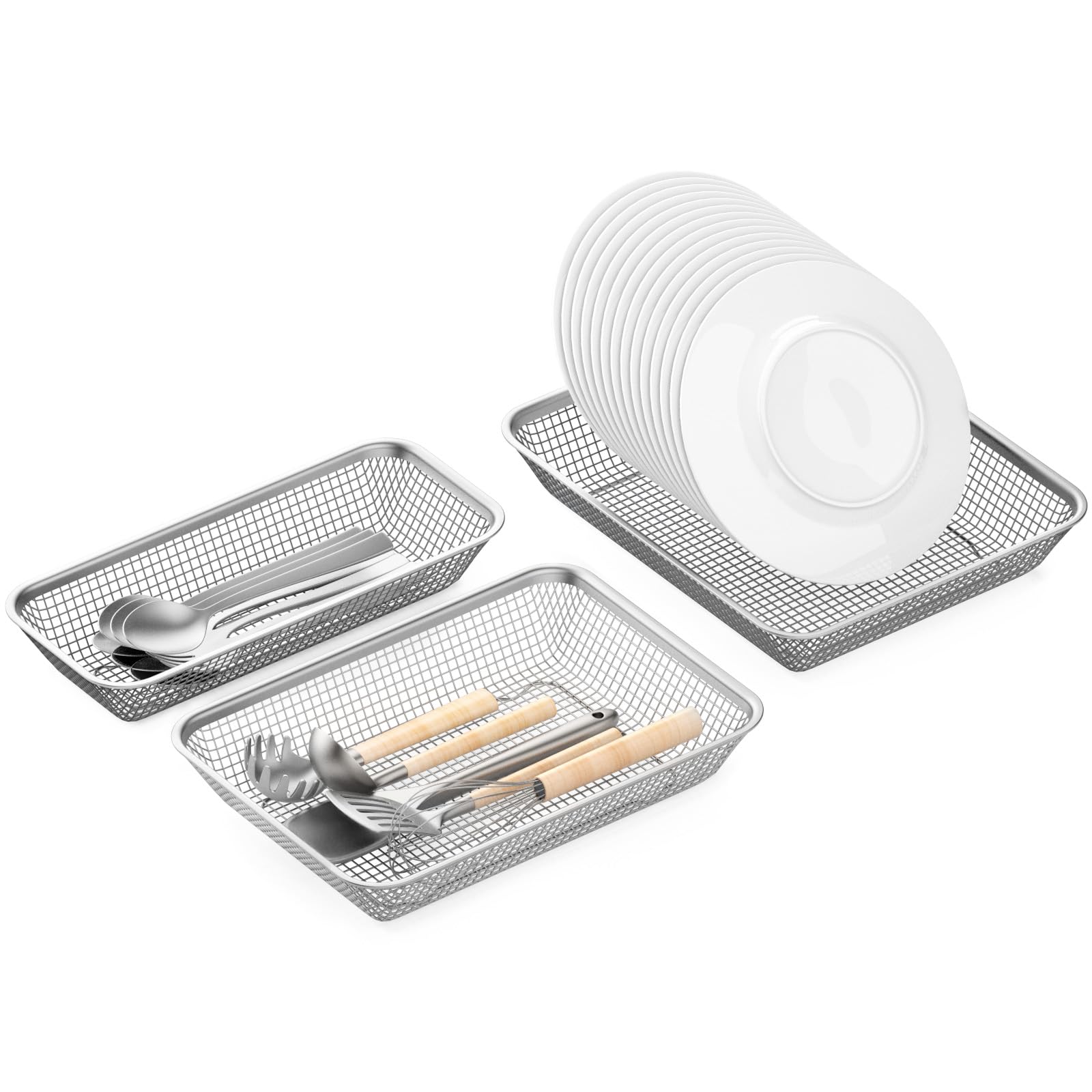 Estante de secado de utensilios, paquete de 3 soportes de acero inoxidable para lavavajillas, cesta de cubiertos compacta, escurridor de platos compacto para encimera de cocina, palillos,
