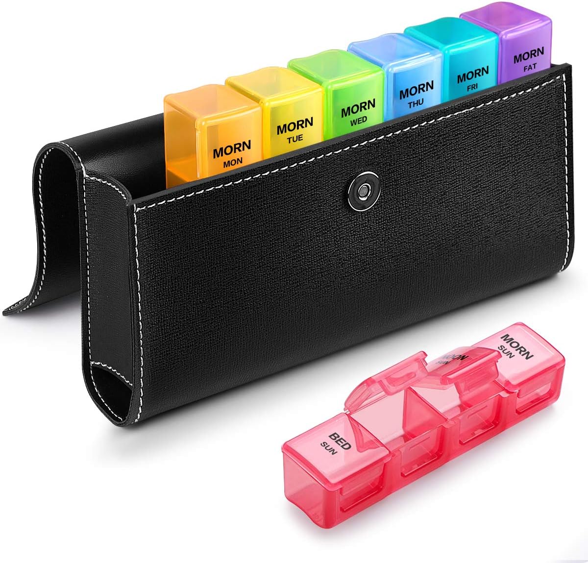 Weekly Pill Organizer 4 Times a Day with PU Leather Case, Large 7 Day Pill Box (Morning Noon Eve Bed), Daily Pill Case for Vitamin/Fish Oil/Supplements