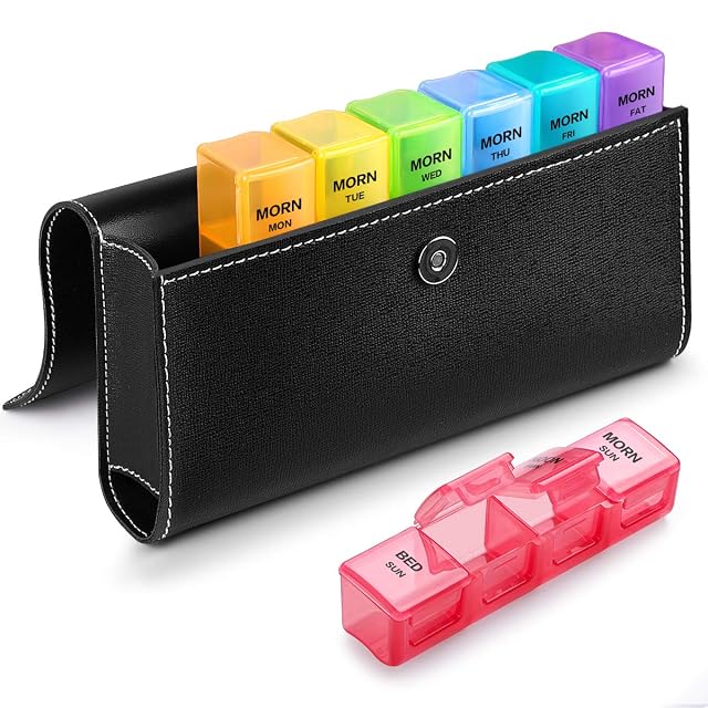 Sukuos Weekly Pill Organizer 4 Times a Day with PU Leather Case Large 7 Day Pill Box Morning