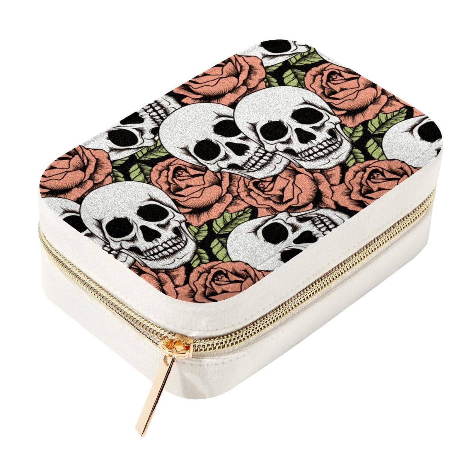 Boîte à bijoux de voyage tête de mort et rose, le cadeau idéal pour style alternatif
