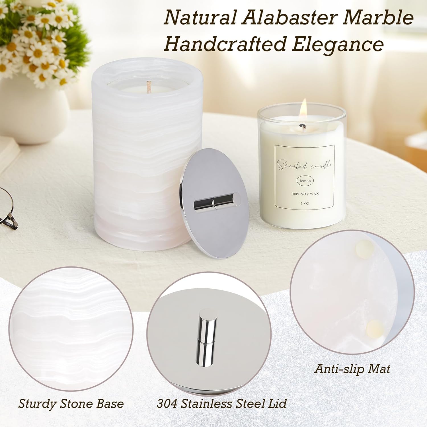 Refillable Scented Candle in Handmade Marble Container | with Two Glass Inserts(Lemon & Vannilla Soy Wax)| Non-Toxic | Stainnless Steel Lid | Reusable Natural Stone Jar | Distinctive Gift
