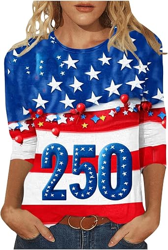 250 Years America Shirt 250th USA Anniversary 3/4 Sleeve Round Neck Loose Patriotic Shirts