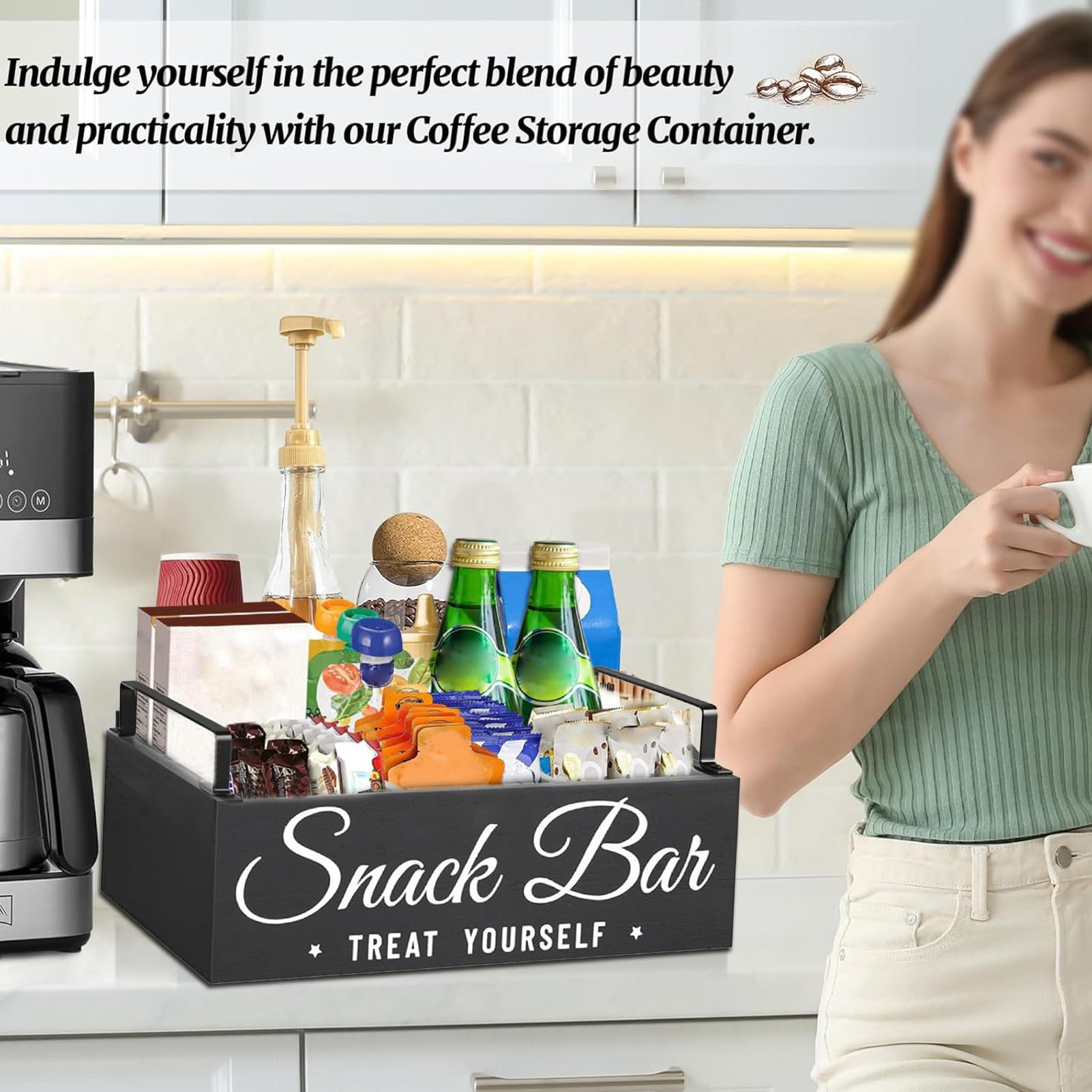 Organizzatore per Angolo Caffè Scatola Portaoggetti da Banco con Maniglie | Stazione Caffè da Banco per Ufficio, Hotel, Dispensa, Sala Relax, Mensa, Dormitorio, Sala Riunioni, Tavolo Pranzo, Casa