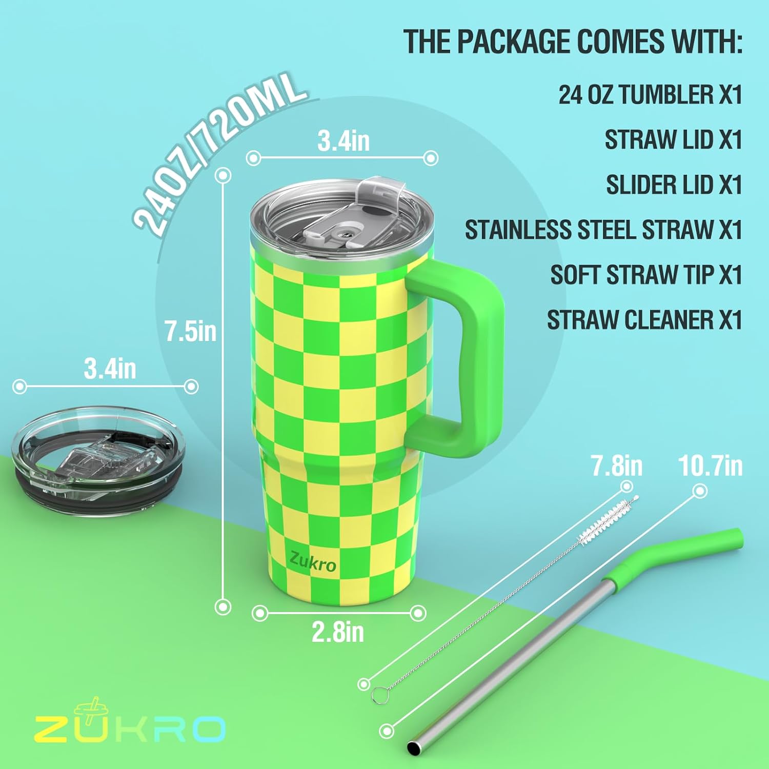Zukro 24 oz Tumbler with Handle and Straw, Insulated Leak Proof Coffee Travel Mug with 2 Lids, Keep Drinks Hot or Cold, No Sweat Stainless Steel Cup for Home/Office/Car, Dishwasher Safe - Image 6