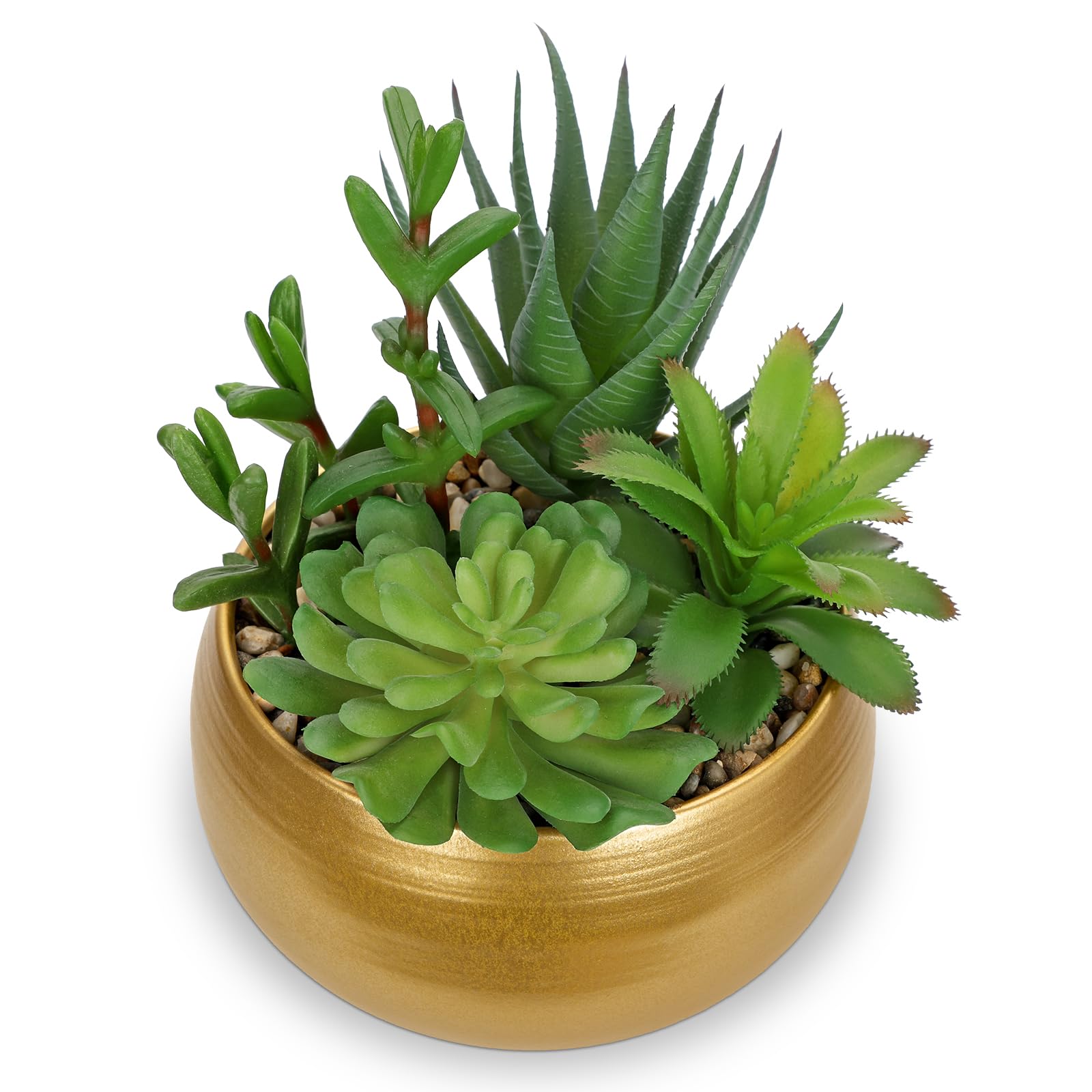 Arborus Fake Plants 7" Artificial Succulent Plants in Gold Ceramic Pot Faux Succulents Artificial Succulents Potting Small Artificial Plants in Pot for Office Home Bathroom Shelf Decor
