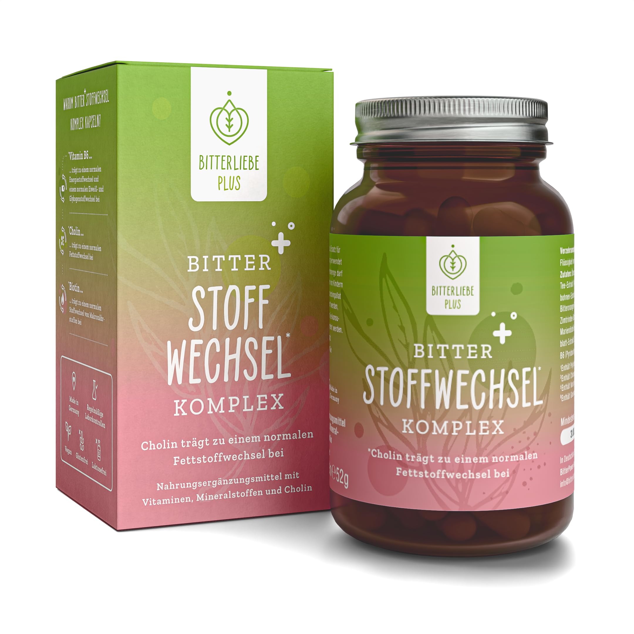 BitterLiebe® Bitter Stoffwechsel * Komplex - 90 hochdosierte Kapseln mit Cholin, Zink, Vitaminen & Bitterstoffen - Für einen normalen Fett- und Energiestoffwechsel *- Vegan & Made in Germany