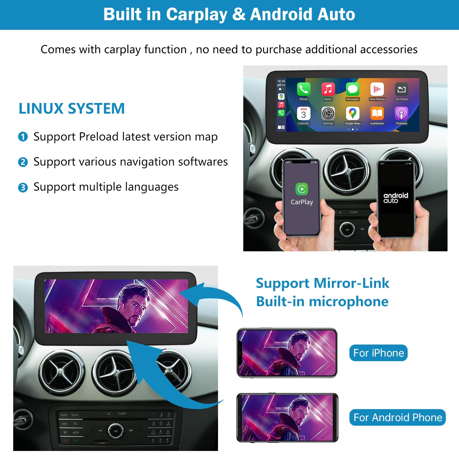 Autoradio 12,3 pollici Touchscreen per Mercedes Benz Classe B W246 2015-2018 con NTG 5.0/5.1/5.2, supporta Apple Carplay/Android Auto/Mirrorlink