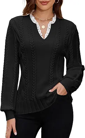 Angashion Womens Sweaters Long Sleeve Casual V Neck Jumper Tops Fall Winter Knit Pullover Sweater