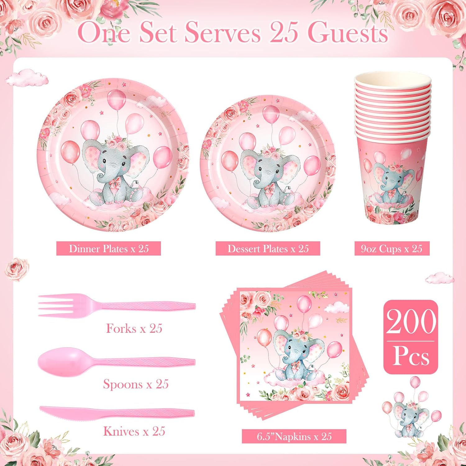 Spakon 200 Pcs Baby Shower Decoration Elephant Party Paper Plates Napkins Cups and Tableware Straws Set for 25 Guests Boys Girls Elephant Birthday Gender Reveal Party Favors(Pink,Adorable Style)