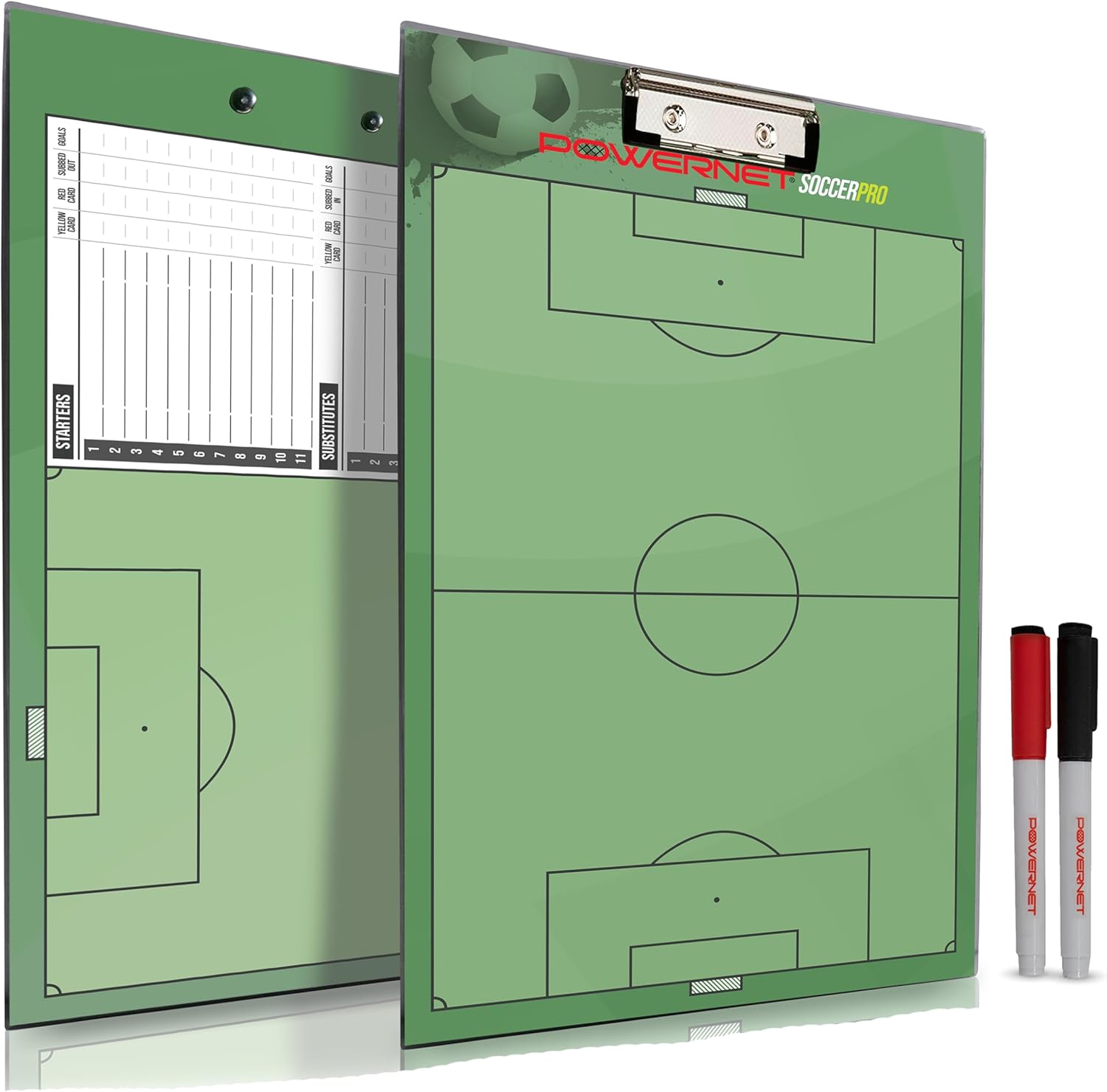 PowerNet Soccer Pro Coaching Board, Dry Erase Magnetic Clipboard, Built-in Line Up Card, Double Sided Weatherproof Soccer Coaching Board, Includes 2 Dry Erase Markers