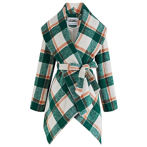 CHICWISH Women's Turn Down Shawl Collar Earth Tone Check Asymmetric