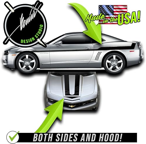 Miniatura 2 de Kit de rayas para capó lateral retro compatible con Chevrolet Camaro Yenko 2009-2015 RS SS (negro brillante)