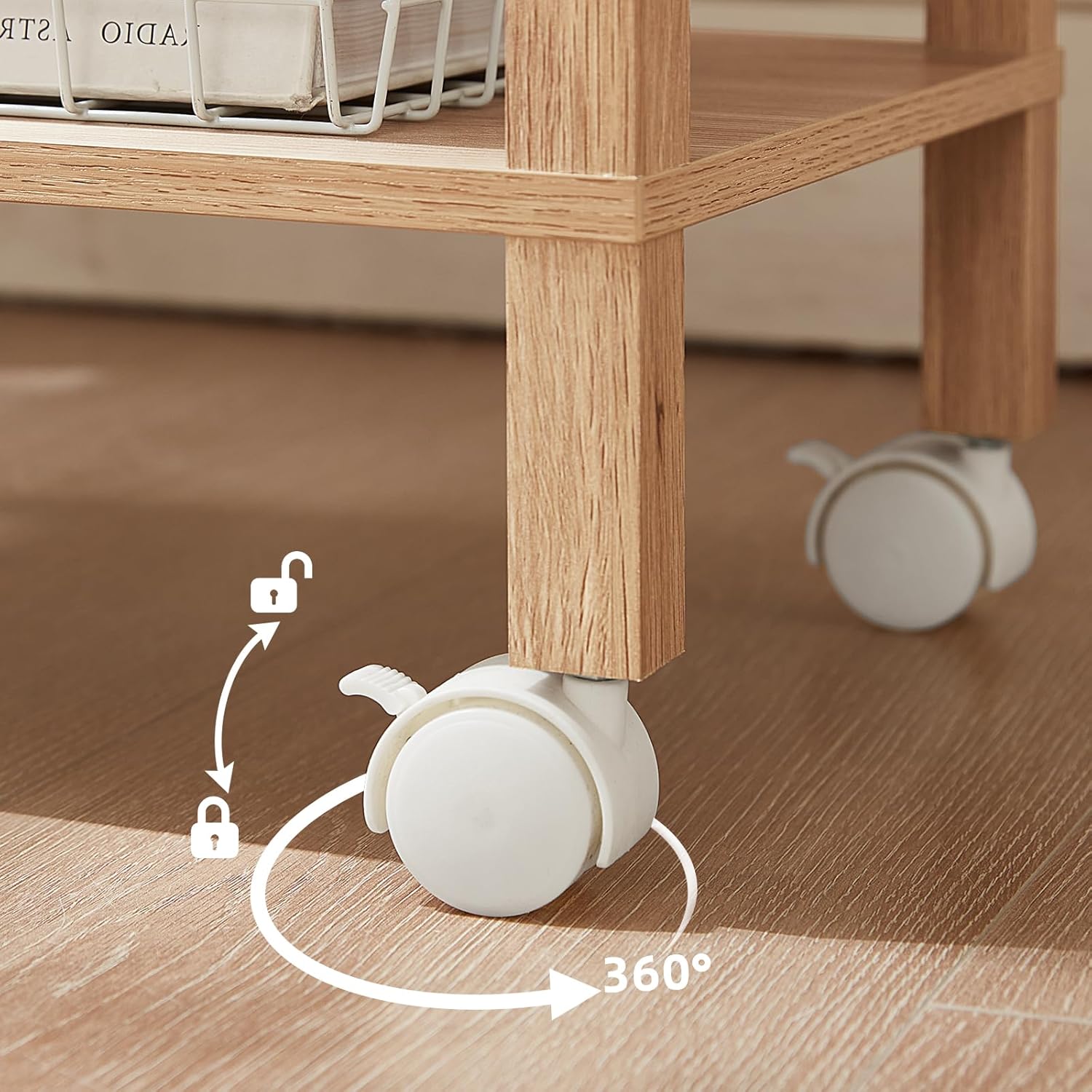 2 Tier Under Desk Printer Stand with Storage, Small Printer Table with Charging Station, Rolling Printer Cart Shelf with Lockable Wheels for Home, Office (Natural)