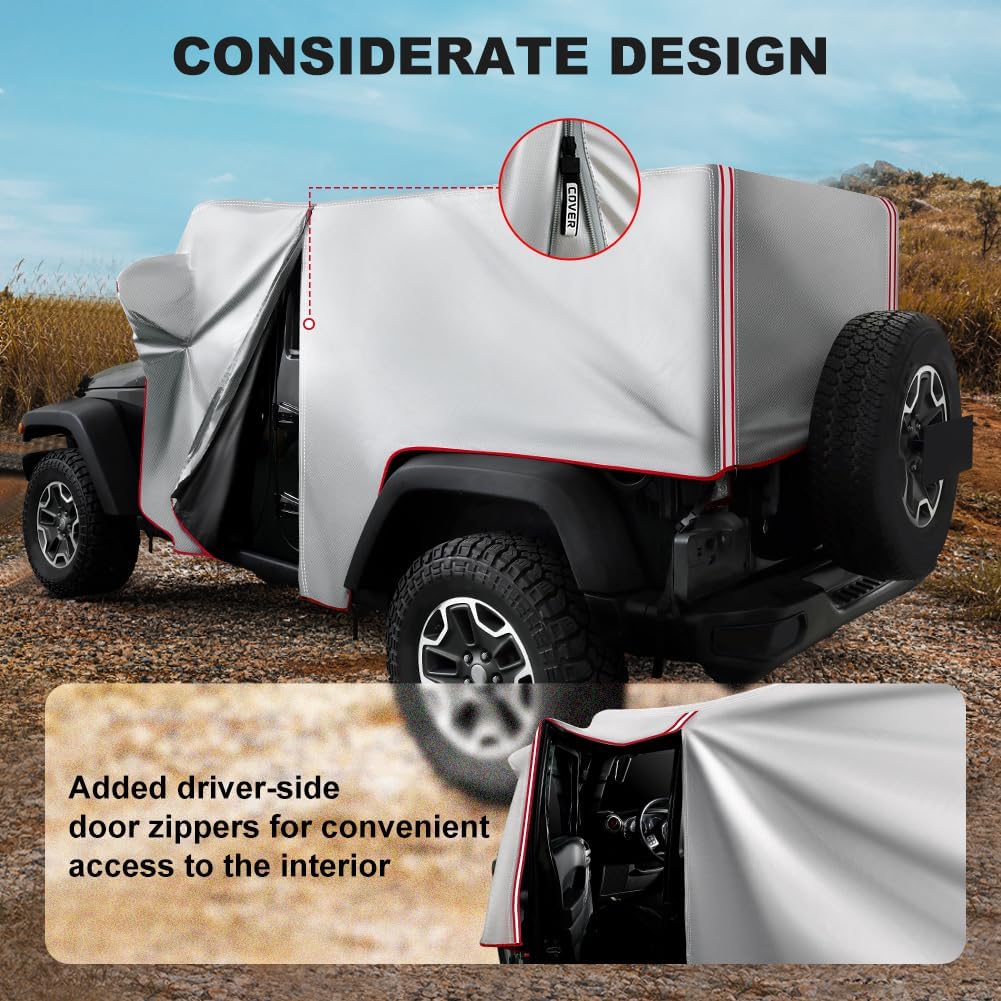 JDMON Waterproof Cab Cover Compatible with 1987-2023 Jeep Wrangler CJ YJ TJ JK JL JKU JLU,Windproof Strap and Driver Door and Tailgate Zipper Design Snow Rain Sun Weather Protection Car Cover (4 Door)