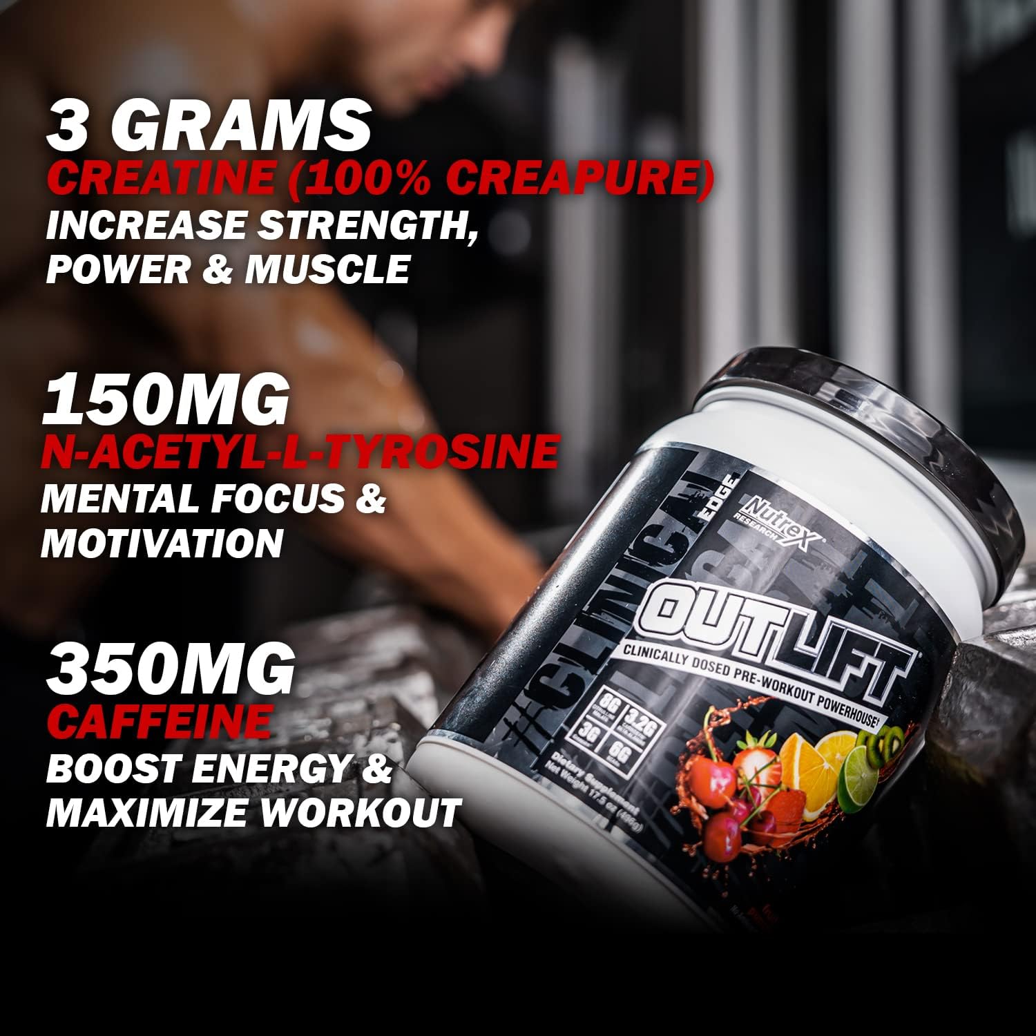 Nutrex Outlift Clinically Dosed Pre Workout Powder with Creatine, Citrulline, BCAA, Beta Alanine, Caffeine | Energy, Power, Pump Preworkout Supplement | Gummy Bear 30 Serving