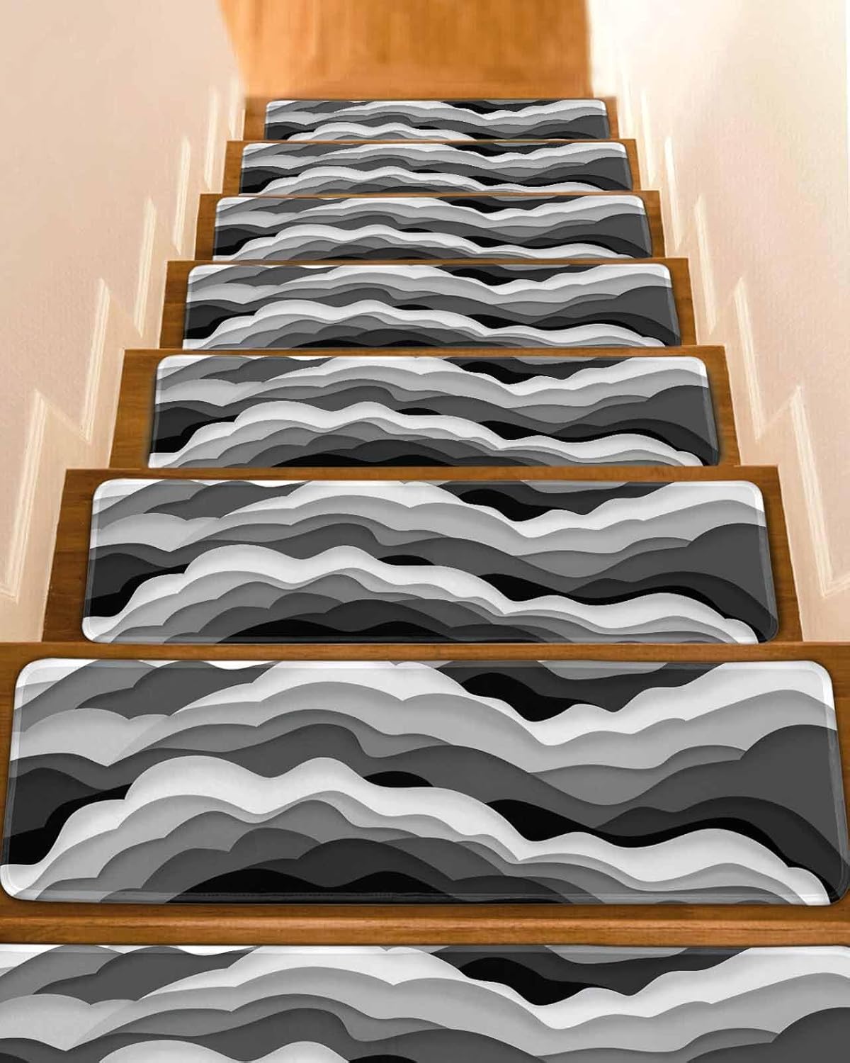 Stair Treads for Wooden Steps,Abstract Wave Black White Art Non Slip Stair Carpet Indoor Stair Runner Staircase Step Treads,Grey Gradient Ocean Sea Stair Mat 8x30in 10 Pcs