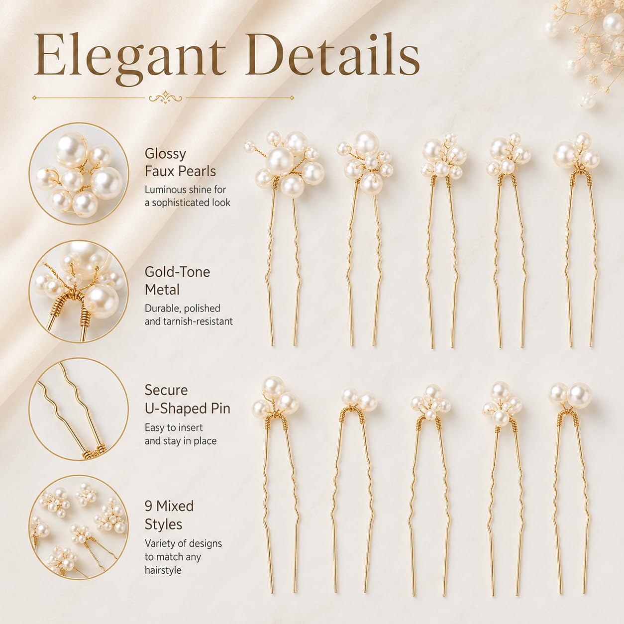9 Pcs Pearl Wedding Hair Pins for Hair, Decorative Bobby Pins, Leaf Bridal Headpiece Leaf Hair Clips Jewelry for Women Bridesmaids Brides Flower Girls (Gold) image 3