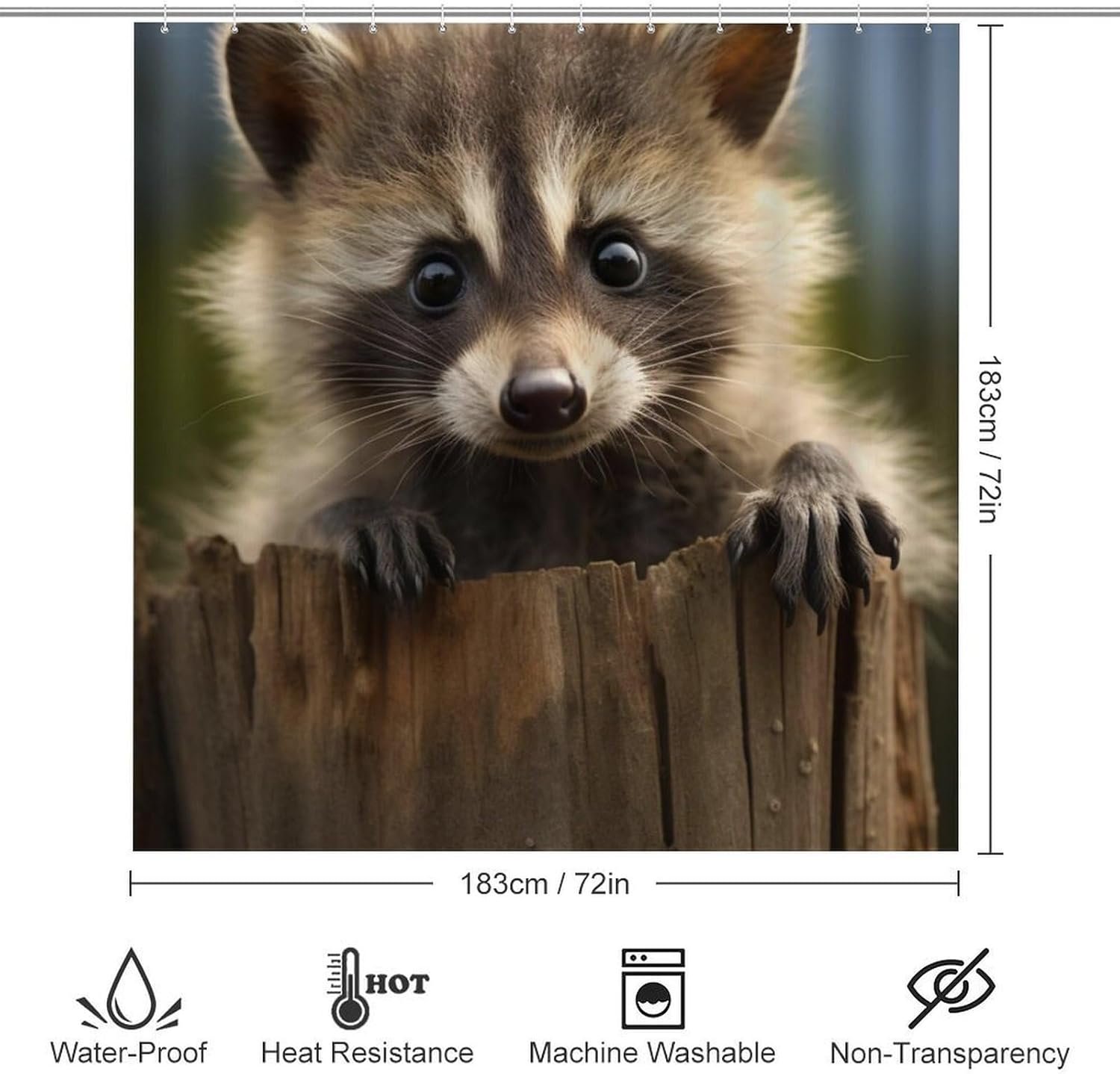 4Pcs Rustic Cute Raccoon Shower Curtain Sets with Non-Slip Rugs, Toilet Lid Cover and U Shape Bath Mat, Wild Nature Modern Forest Animals Bathroom Sets Waterproof Shower Curtains with 12 Hooks