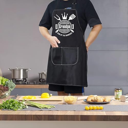 Miniatura 4 de WZMPA Delantal de parrilla para abuelo, regalos de barbacoa, abuelo, rey de la barbacoa, delantal ajustable con bolsillo para asar